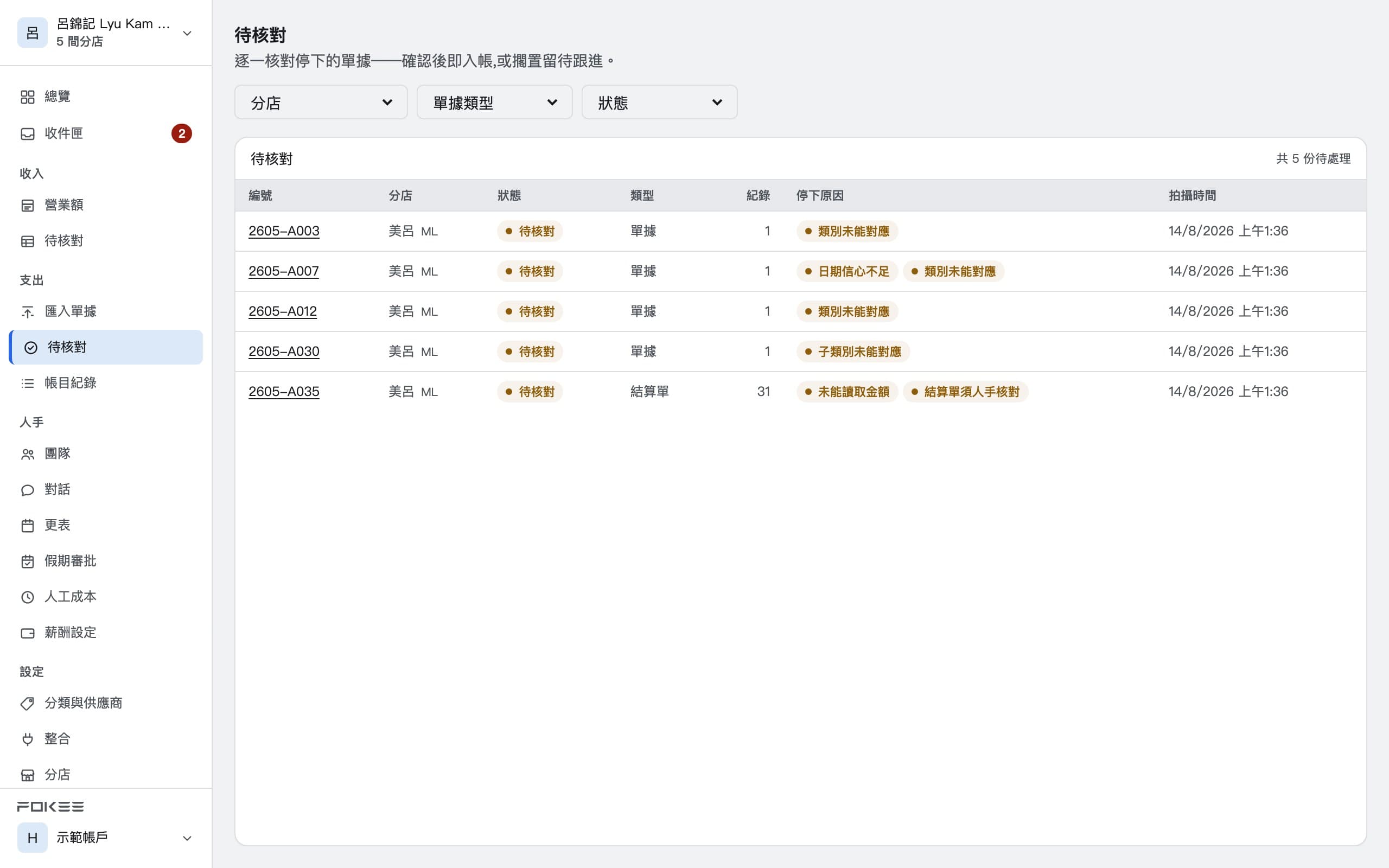 待核對佇列:停下的單據連同停下的原因