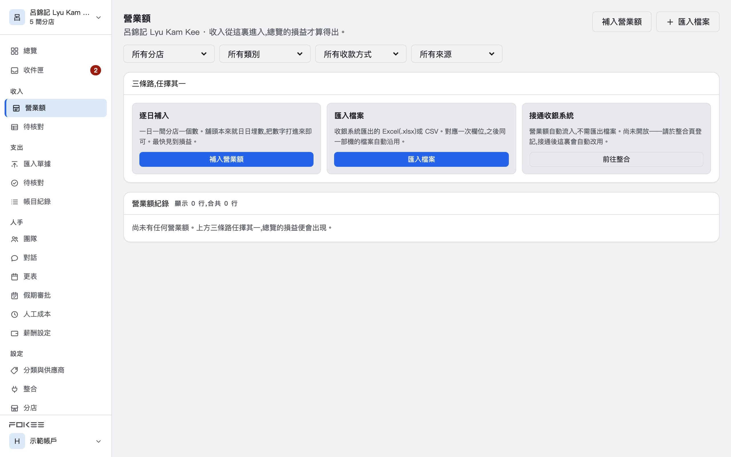 營業額紀錄:逐日、逐間分店,堂食與外賣平台分列