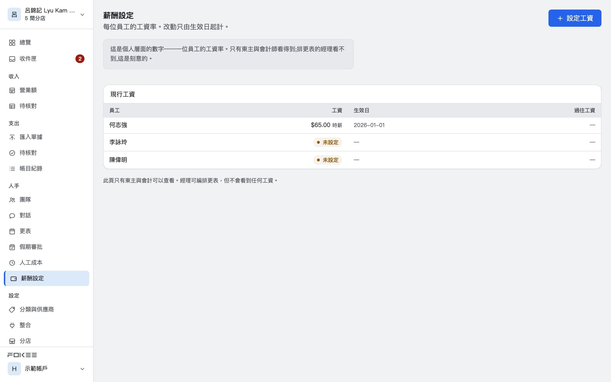 人工成本:逐名員工的工時與金額